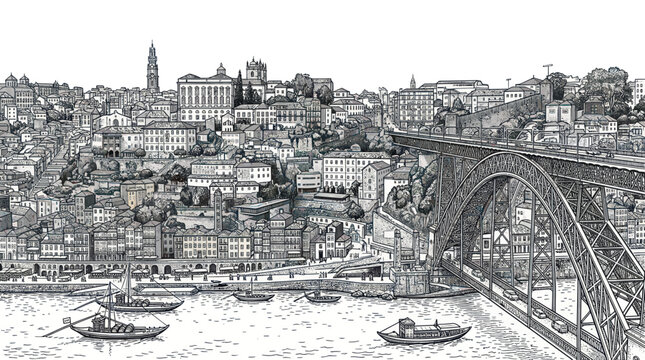 Historic porto cityscape with metal arch bridge and river boats
