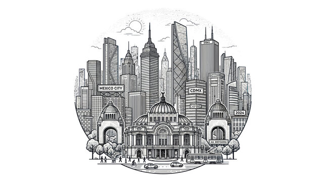 Mexico city skyline featuring historic landmarks and modern buildings