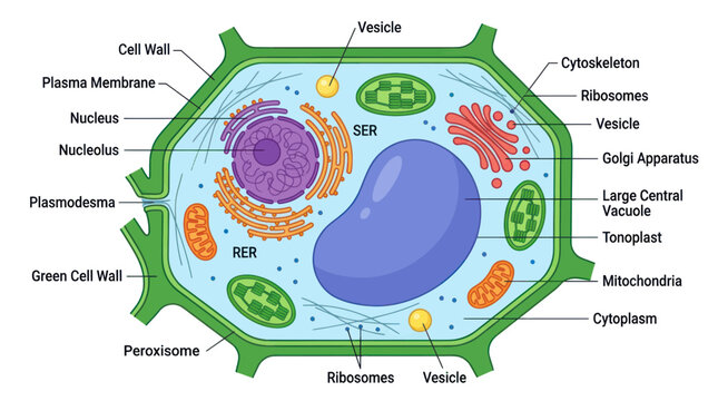 Plant cell structure diagram with labeled organelles and components