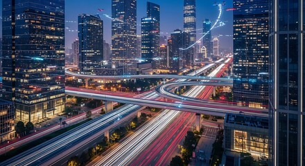 Obraz premium Modern cityscape with illuminated buildings and busy road at night