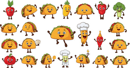 Fototapeta premium Cute Taco Mascot Character Collection with Funny Cartoon Fast Food Illustrations