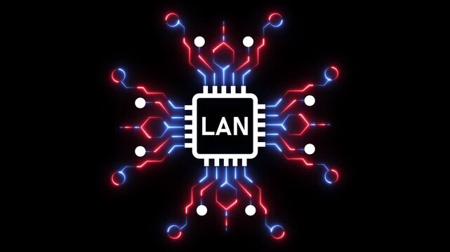 Lan network connection concept with glowing digital circuitry and cpu processor animation local area network