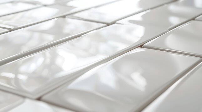 Glossy white subway tiles arranged in a clean, modern pattern with soft reflections