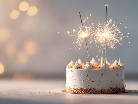 Festive Birthday Cake with Sparklers and Bokeh Lights.