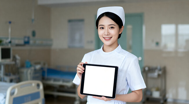 Friendly nurse holding blank tablet in ward