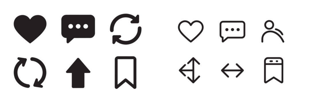 Social media interface vector icon set with like comment repost share bookmark and profile symbols in solid and outline styles