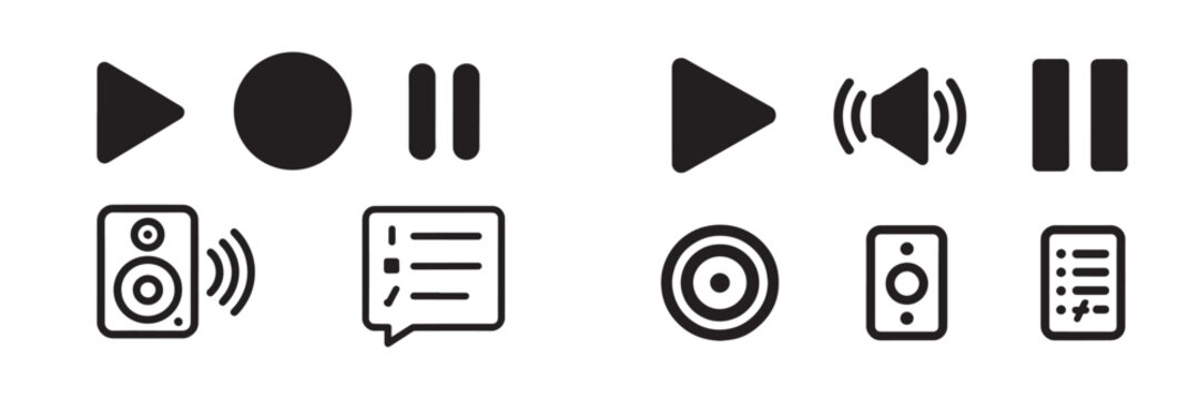 Media player and audio control vector icon set featuring play pause record speaker and playlist symbols for user interface design