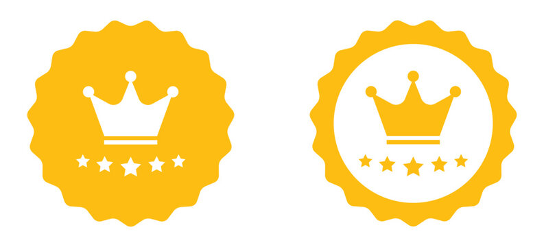 Golden yellow premium quality badges with five stars and elegant crowns illustrating top tier ranking
