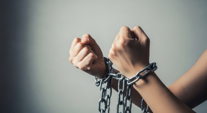 Close-up of Fair-Skinned Hands Chained Together, Symbolizing Captivity and Restriction