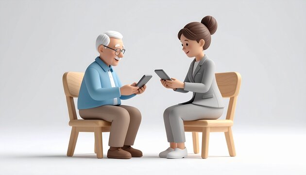 スマホの使い方を教わるシニア男性と女性スタッフの3Dクレイ風イラスト スマホ教室・相談窓口・サポート・高齢者