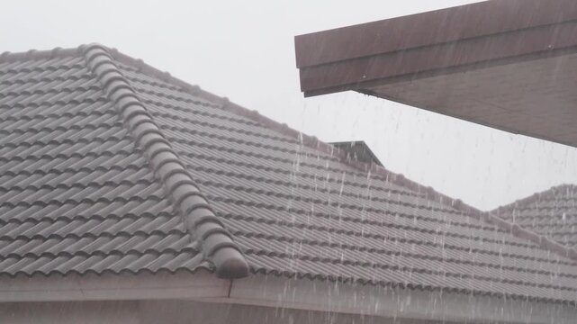 Clear raindrops after a summer rain fall on the roof of a house, a beautiful natural backdrop with raindrops on tropical leaves.