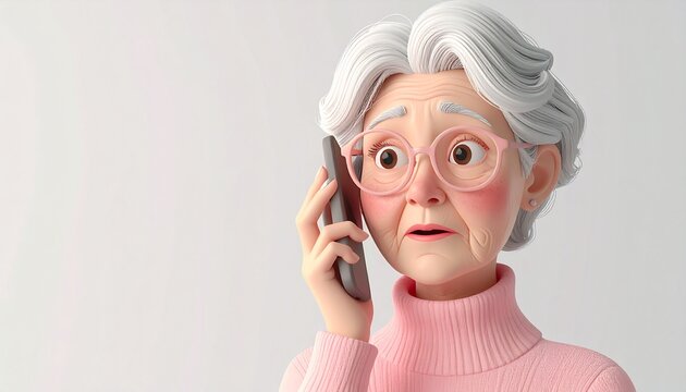 スマホの画面を見て驚くシニア女性の3Dクレイ風イラスト スマートフォン操作・戸惑い・詐欺対策・おばあちゃん