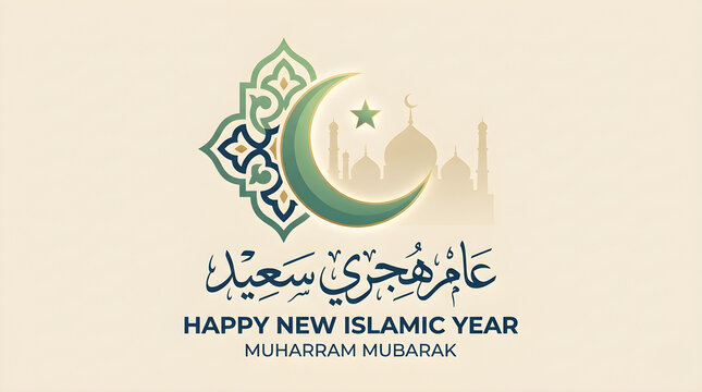 Islamic New Year Greeting Card Vector Banner with Glowing Gold Lantern and Arabic Pattern on Cream Background