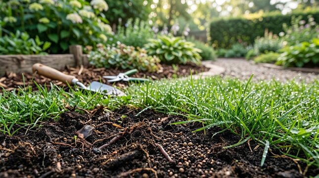 Small metal garden trowel tool lying on dark soil next to green grass in a sunny home backyard during the spring season