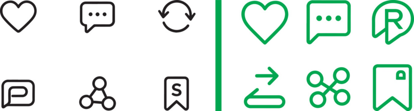 Social media line icons set with heart comment share repost and bookmark symbols in black and green vector style