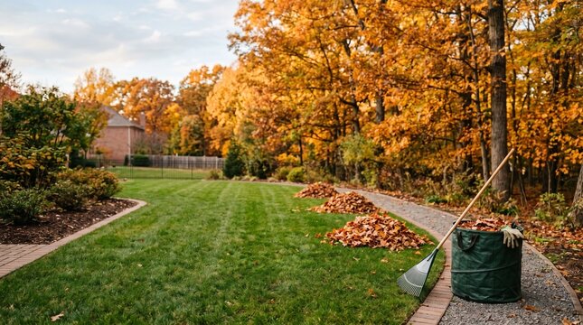 Piles of dry brown autumn leaves on a green grass lawn with a rake and garden bucket in a beautiful backyard during fall