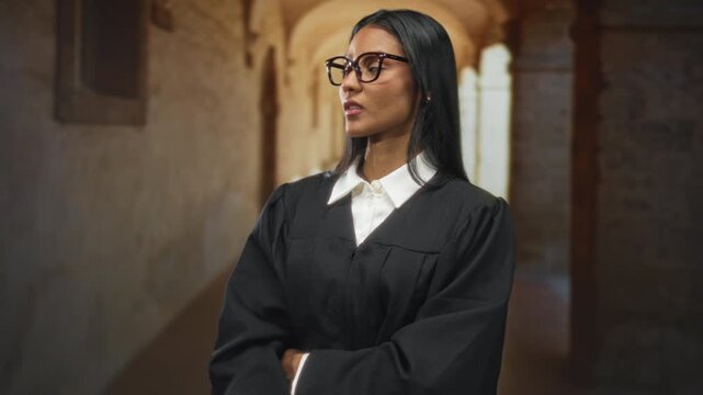 Woman judge in black robe and glasses with outstretched palm up gesture and crossed arm in courthouse building corridor; authority.