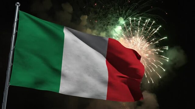 Italian Flag Waving with Festive Fireworks Background