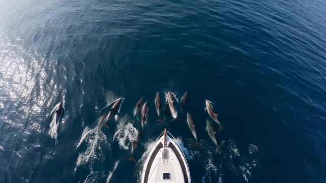 A high angle aerial drone view captures a large pod of dolphins swimming alongside the bow wave of a boat on a deep blue ocean surface.
