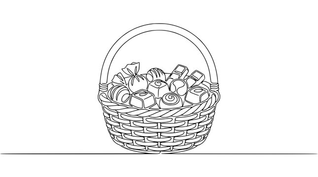 Hand-drawn line art illustration of a basket filled with assorted chocolates on a white background