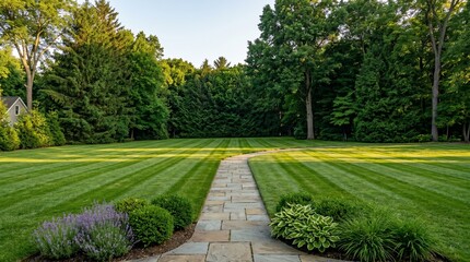 Obraz premium A stone walkway path leading through a lush green lawn in a peaceful residential backyard garden surrounded by tall forest trees