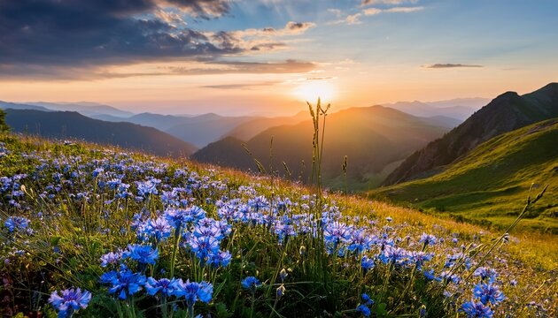 Wild Blue Flowers In The Mountains At Sunset Beautiful Summer Landscape