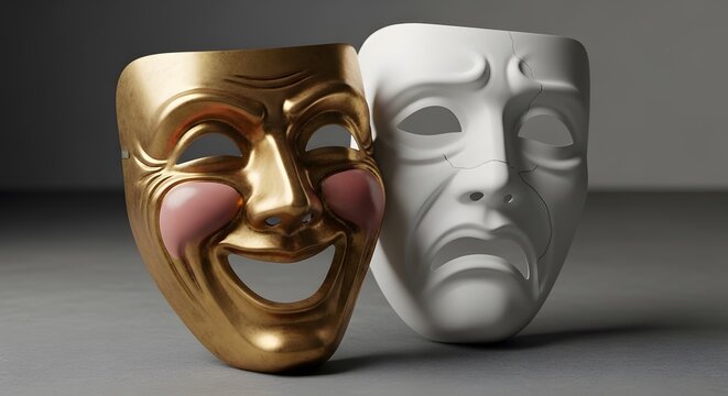 Golden comedy and silver tragedy theater masks side by side