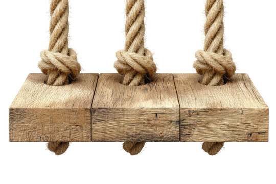 Wooden board suspended by three knotted ropes