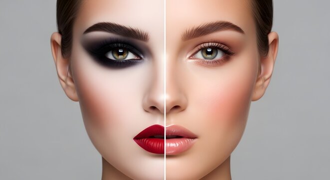 Split face makeup comparison of dramatic smoky eye and natural look