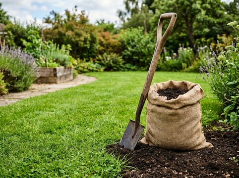 Metal shovel and a brown burlap sack filled with fresh dark garden soil placed on green grass in a sunny home backyard garden