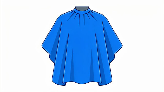 Bright blue salon cape with flowing fabric and gathered neckline for hairdressing or beauty styling