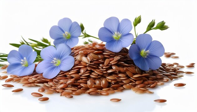 Flax Seeds With Flowers On White Background