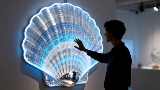 Man interacting with illuminated shell art