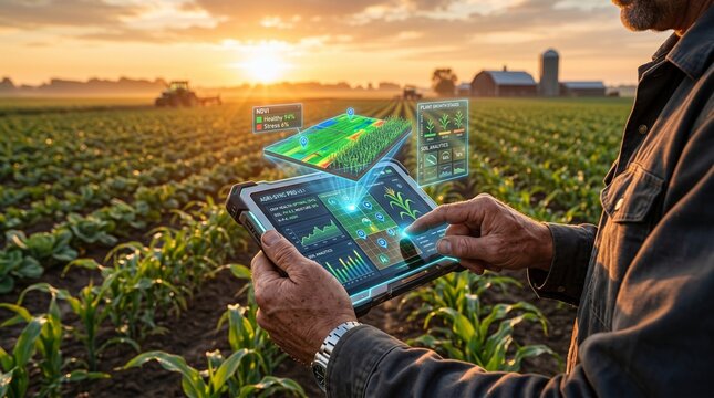 Farmer Using Smart Agriculture Tablet for Crop Health and Soil Analytics in Corn Field