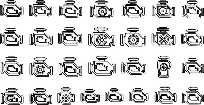 Automotive Engine Icons Set: Black and White Car Motor Outline Symbols for Check Engine Light and Vehicle Diagnostics Line Art