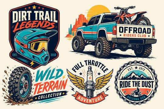 Collection of off-road adventure and dirt biking themed vector logos and illustrations, featuring helmets, trucks, tires, and spark plugs.