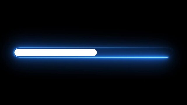 Animated progress bar from zero to hundred increasing percentage animation on black background. Bright neon loading bar. 4k