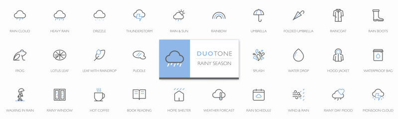 Fototapeta premium Modern rainy season duotone editable stroke icon set featuring weather, rain, monsoon, umbrella, rainwear, water drops and cozy lifestyle symbols. Minimal vector collection for interface and graphic 
