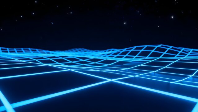 Blue neon grid landscape in space