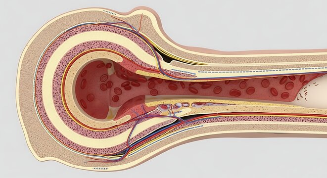 Human bone cross section displaying detailed internal anatomy and circulatory system components