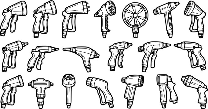 Gardening Hose Nozzles and Water Spray Guns Black and White Line Art Set. Hand-drawn Doodle Illustration of Various Garden Sprayers and Cleaning Tools.
