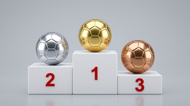 Gold silver and bronze soccer balls placed on a winners podium representing first second and third place in a sports contest