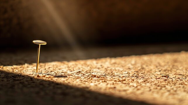 Brass push pin in cork board soft light