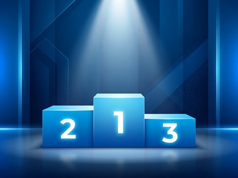 Blue winners podium with first second and third place stands illuminated by a bright spotlight in a dark gaming arena background
