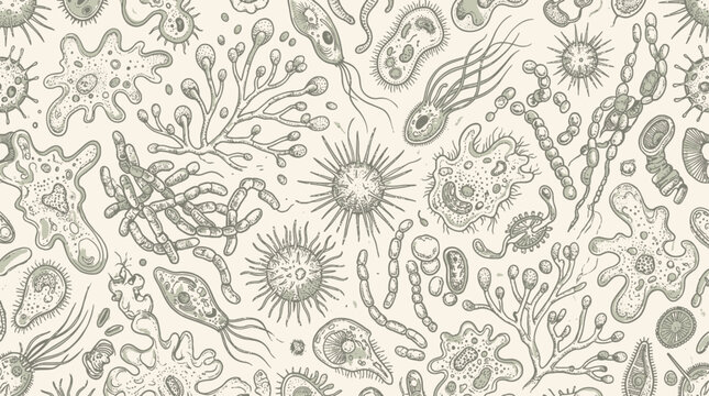 Intricately detailed biological doodle illustration depicts various microorganisms and cells in a scientific setting with plants and abstract shapes.