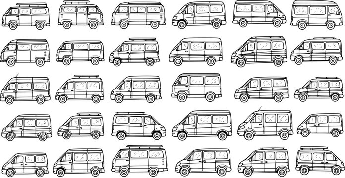 Hand-Drawn Black and White Line Art Seamless Pattern of Automotive Transportation, Travel, and Camper Vans