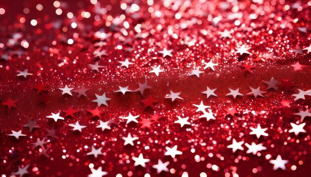 Vibrant Red Background Of Small Circular Sequins In Varying Shades Bright White Star Glints And Soft Bokeh Dots Create A Sparkling Festive Glitter Effect