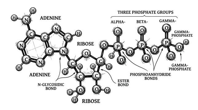 Detailed molecular structure diagram of Adenosine triphosphate ATP with ribose and phosphate groups