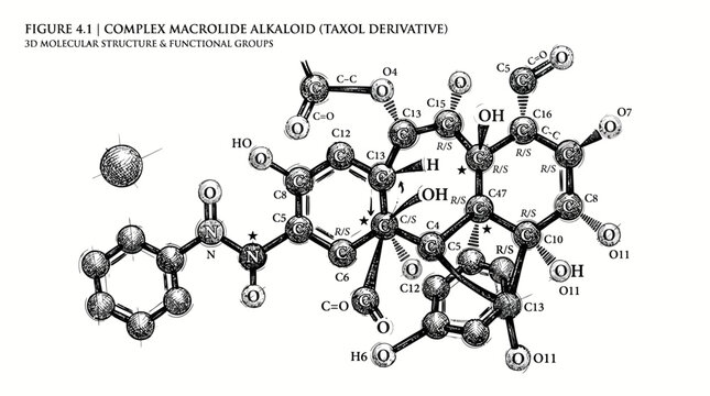 The complex macrolide molecule structure is depicted in a detailed illustration.