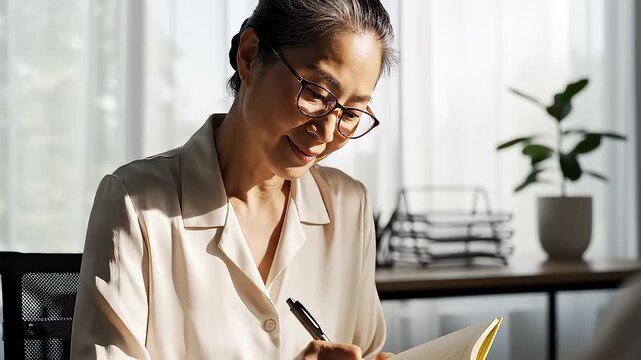 Professional Asian Woman Writing Notes In A Bright Office Setting